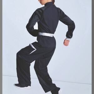 Weissman Black Stretch Satin Long Sleeve Raglan rhinestone dance jumpsuit sz MC